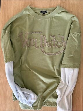 Von Dutch Olive Green Long-Sleeve Layered-Look Tee with White Sleeves